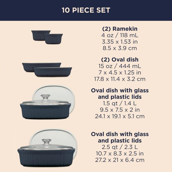 Corelle Dinnerware- Lightweight French Colors 10-piece Oval Bakeware Set, Navy Corelle Dinnerware- Lightweight French Colors 10-piece Oval Bakeware Set, Navy