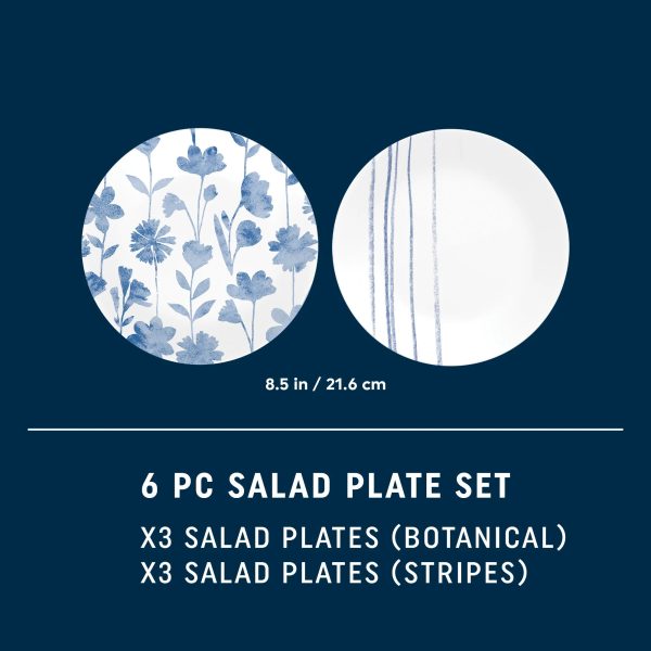 Corelle Dinnerware- Lightweight Botanical Stripes 8.5 Salad Plates, 6 Pack