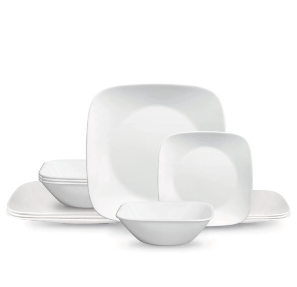 Corelle Dinnerware- Lightweight Square? Pure White 12-piece Dinnerware Set with Appetizer Plates, Service for 4 Corelle Dinnerware- Lightweight Square? Pure White 12-piece Dinnerware Set with Appetizer Plates, Service for 4