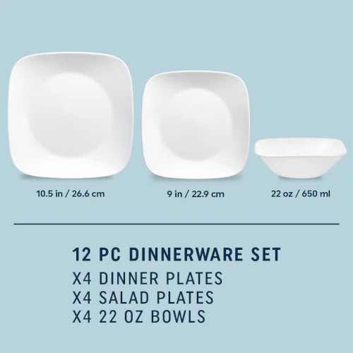 Corelle Dinnerware- Lightweight Square? Pure White 12-piece Dinnerware Set, Service for 4 Corelle Dinnerware- Lightweight Square? Pure White 12-piece Dinnerware Set, Service for 4