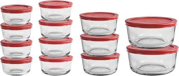 Corelle Dinnerware- Lightweight Anchor Hocking 26 Piece Glass Storage Containers with Lids (13 Glass Food Storage Containers & 13 Red SnugFit Lids)
