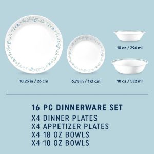 Corelle Dinnerware- Lightweight Country Cottage 16-piece Mugless Dinnerware Set, Service for 4