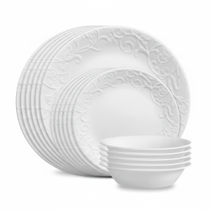 18‑Piece Bella Faenza Embossed White Dinnerware Set, Service for 6, Includes 10.25" Dinner Plates, 8.5" Salad Plates, 18 oz Soup & Cereal Bowls