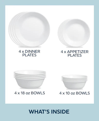 Corelle Dinnerware- Lightweight Winter Frost White 16-piece Mugless Dinnerware Set, Service for 4 Corelle Dinnerware- Lightweight Winter Frost White 16-piece Mugless Dinnerware Set, Service for 4
