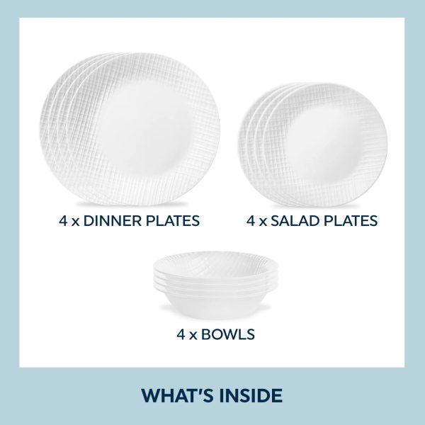 Corelle Dinnerware- Lightweight Linen Weave 12-piece Dinnerware Set, Service for4