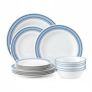 Laila Series Modern 12-Piece Dinnerware Set with Blue Striped Rim (Service for 4) – Durable White Porcelain-Style Plates and Bowls for Home Use