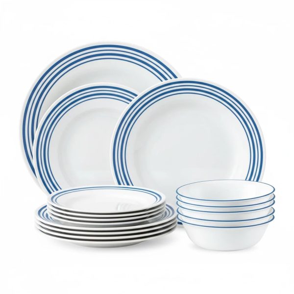 export_1 Laila Series Modern 12-Piece Dinnerware Set with Blue Striped Rim (Service for 4) – Durable White Porcelain-Style Plates and Bowls for Home Use