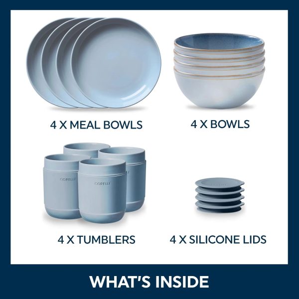 Corelle Dinnerware- Lightweight Stoneware 16-piece Dinnerware Set, Service for 4, Nordic Blue Corelle Dinnerware- Lightweight Stoneware 16-piece Dinnerware Set, Service for 4, Nordic Blue
