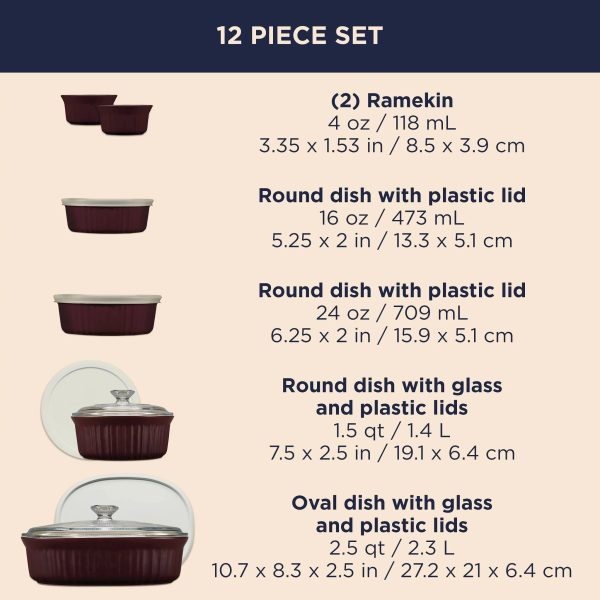 Corelle Dinnerware- Lightweight French Colors 12-piece Bakeware Set, Cabernet