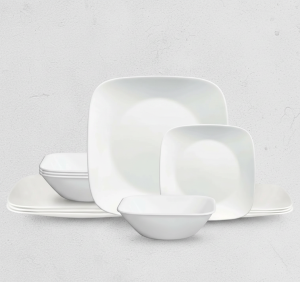 12-Piece White Square Tempered Glass Dinnerware Set – Service for 4 – Durable, Shatter-Resistant Plates and Bowls for Home Use